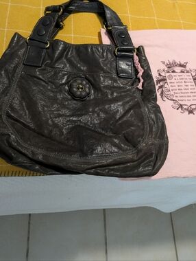 Juicy Couture Black Leather Tote with Pink Lined Interior